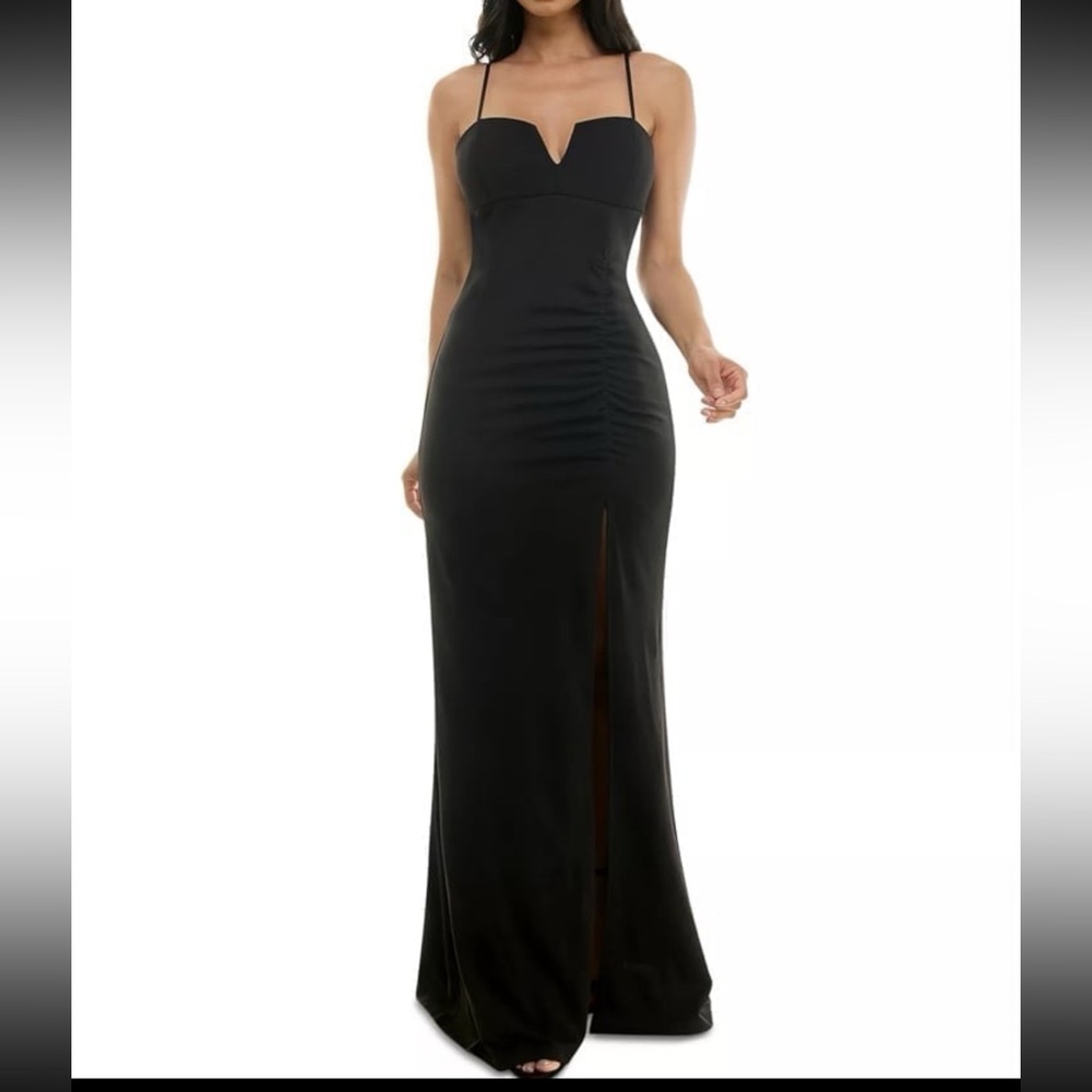 Black Notch-Neck Slit-Front Gown
